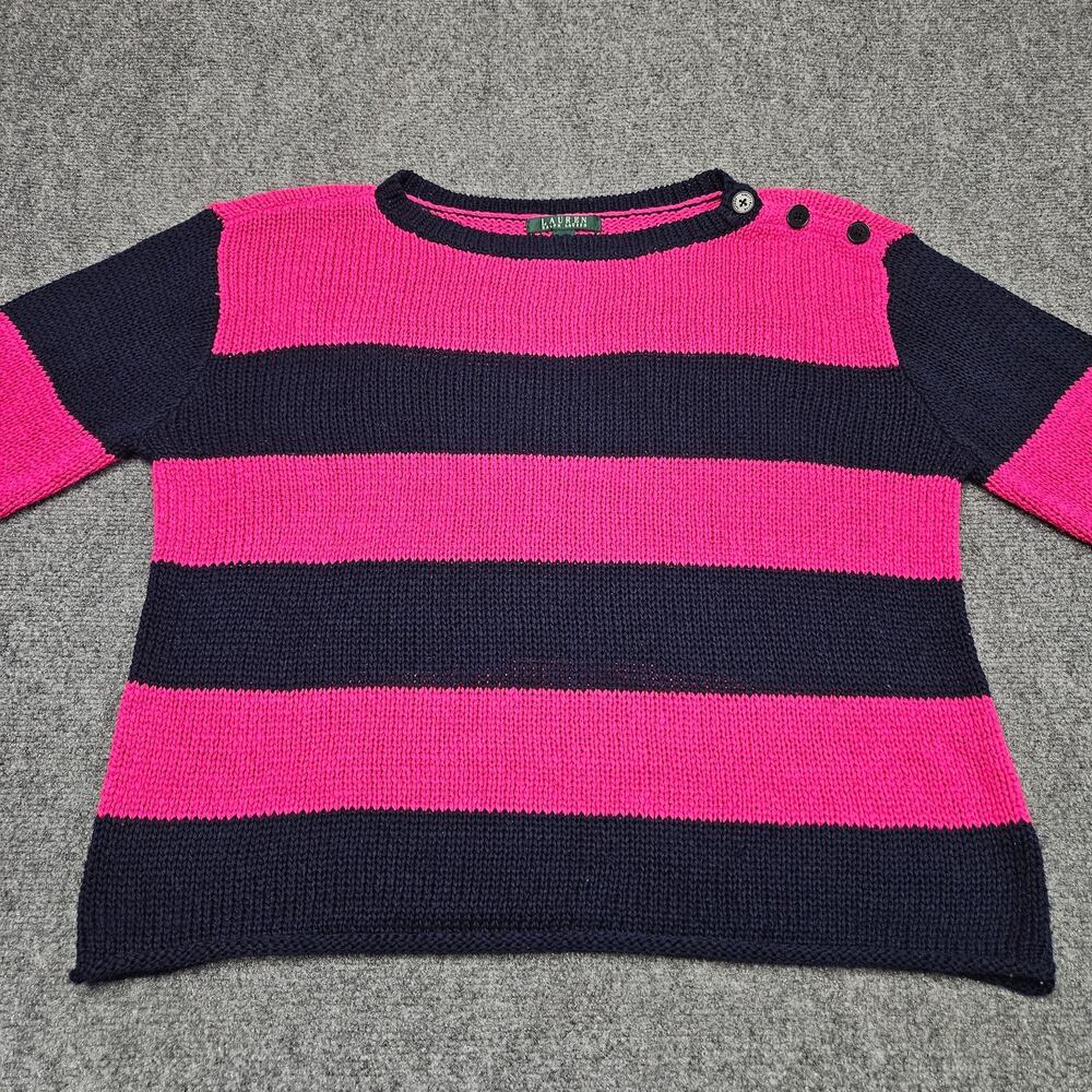 Lauren Ralph Lauren Stripe Knit‎ Sweater XL Pink Navy Button Shoulder Preppy